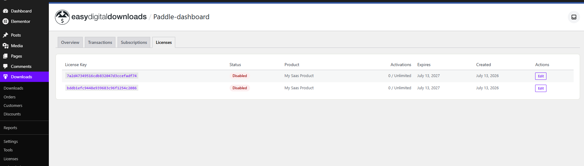 License keys tab showing keys, activations and expiry inside the EDD dashboard