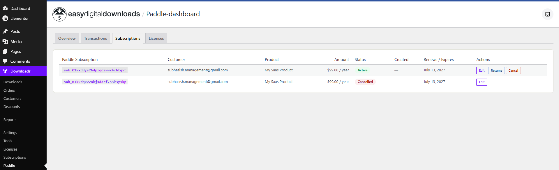 Subscriptions tab with edit, resume and cancel actions inside the EDD dashboard