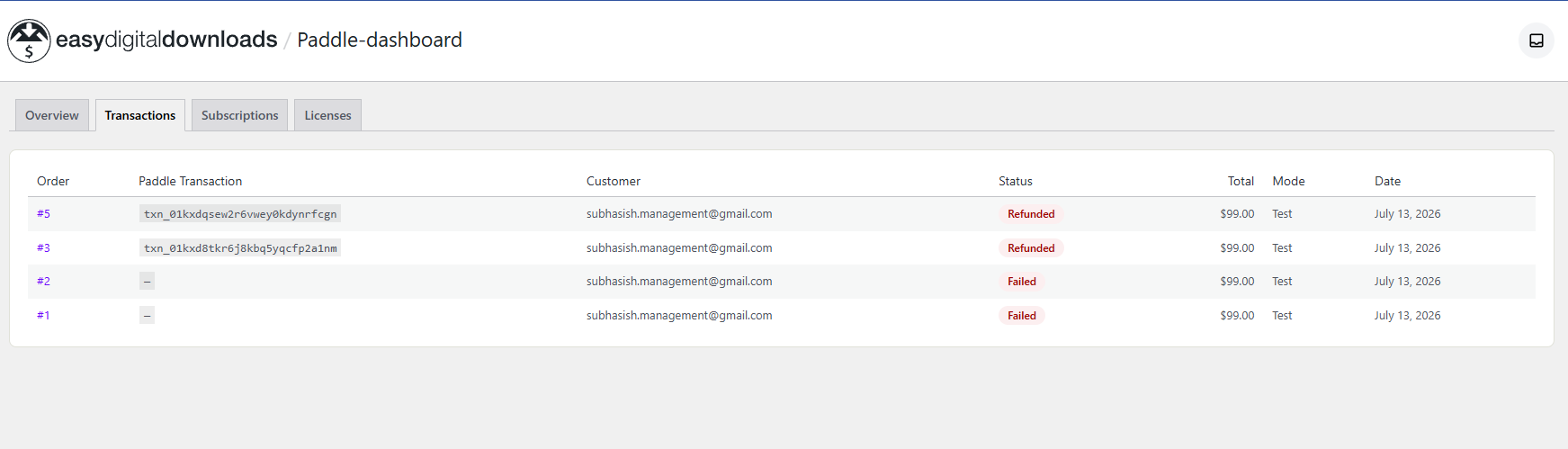 Transactions tab showing EDD orders matched to Paddle transaction IDs with status
