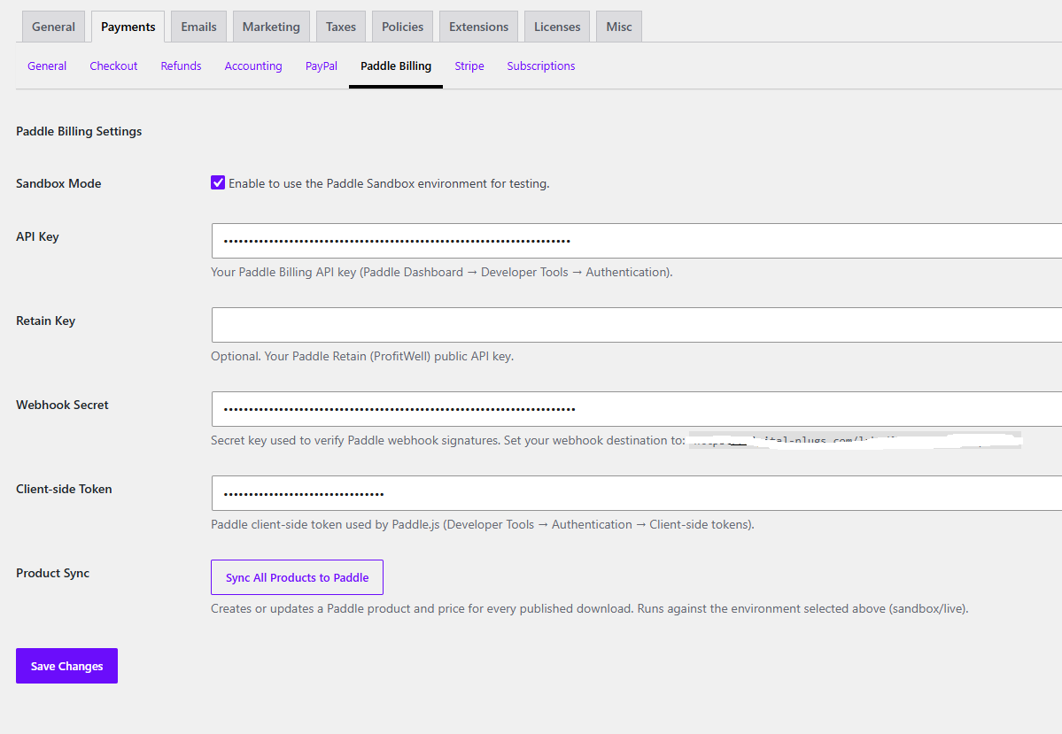 Paddle Billing settings inside the Easy Digital Downloads dashboard
